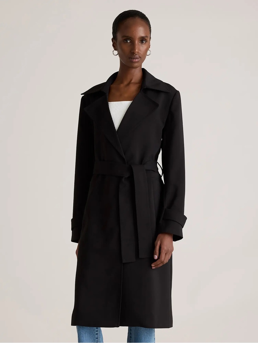 Quince Stretch Crepe Trench Coat Black Womens XL NWT Belted Wrinkle Resistant